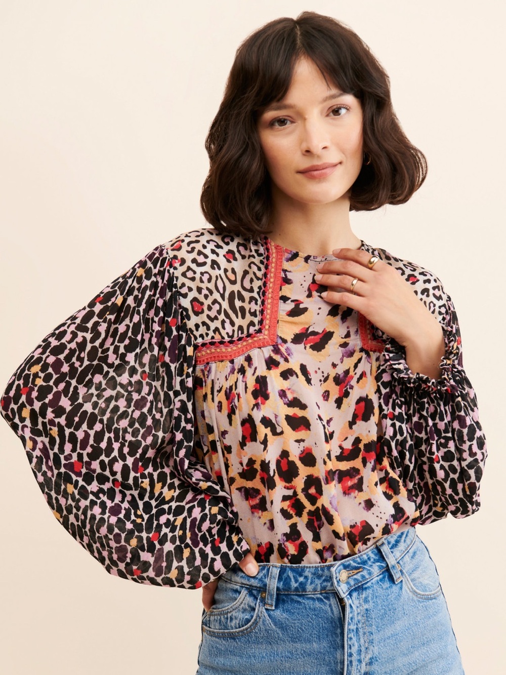 Anthropologie Bl^nk London Miranda Peasant Blouse Leopard Balloon Blouse S